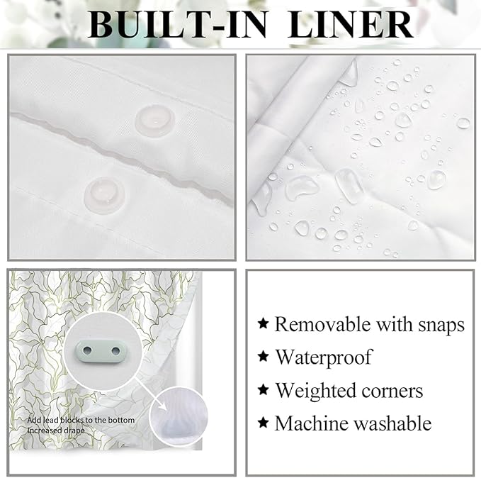 Leaves Shower Curtain No Hooks with Liner for Bathroom Decor,Green Leaves Line Shower Curtain with See Through Top Window,Modern Simple Art Hotel Style,Waterproof Washable,Easy to Install,71x74 Inch
