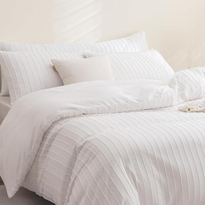 JELLYMONI Duvet Cover Queen Size Bright White - 3PCS Boho Striped Duvet Cover Set Polyester Tufted Bohemian Textured Comforter Cover 90×90in with Corner Ties & Zipper and 2 Pillowcases