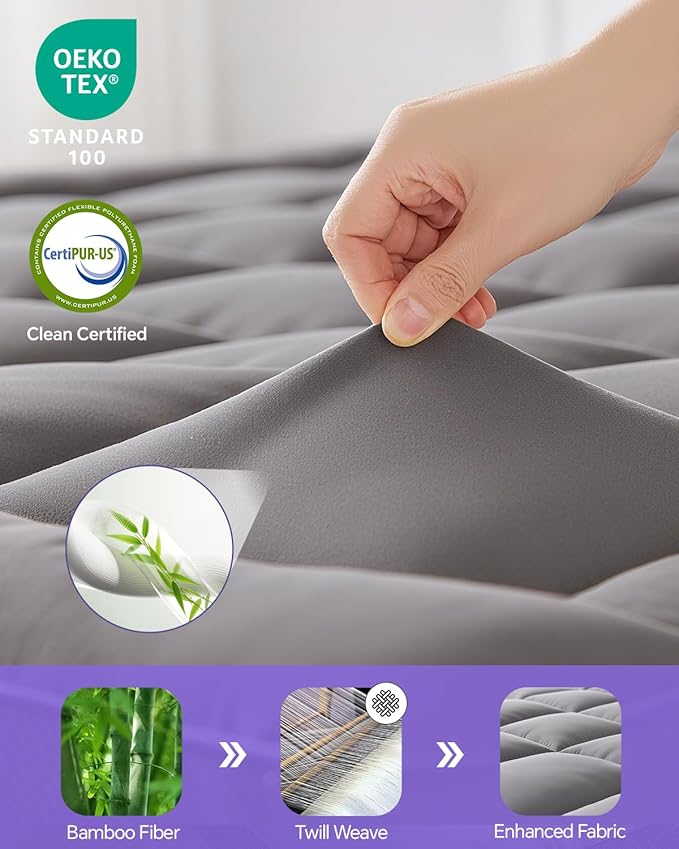 Dual Layer 4 Inch Memory Foam Mattress Topper Full - 2 Inch Gel Memory Foam and 2 Inch Pillow Top Mattress Pad, 7-Zone Egg Crate Full Size Mattress Topper (Grey)