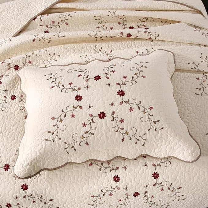 Quilt Set Floral Leaves 3D Embroidery Pattern 2 PCS Cotton Reversible Quilted Embroidered Decorative Bedspreads Coverlet Set, Lightweight &Soft Queen Size Beige Bedding Coverlet for All Season