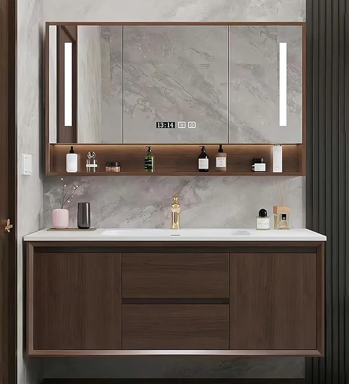 Bathroom Sink Vanity 80Inch, Floating Bathroom Vanity with LED Smart Defogging Mirror Cabinet and Open Shelf, Multi-Layer Solid Wood Bathroom Furniture Cabinet, Wall Mount Installation (Walnut)