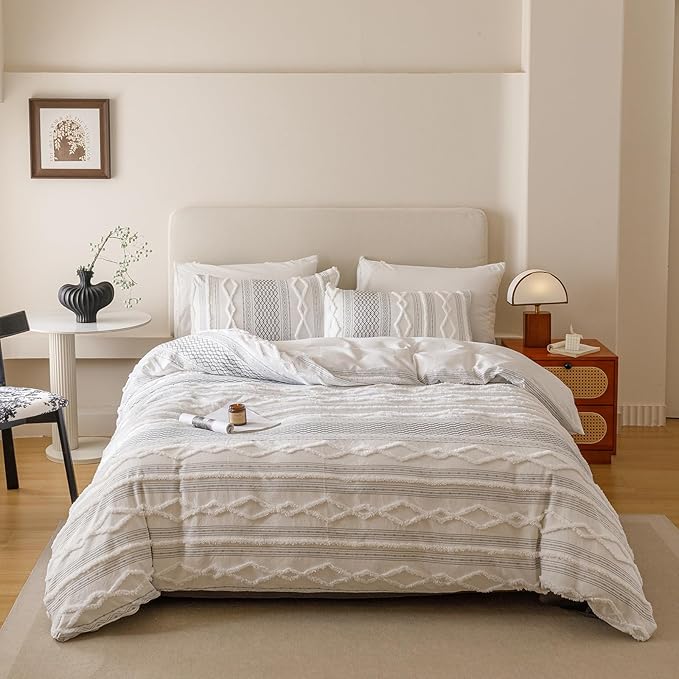 KAREVER Ivory Black Boho Comforter Set Twin Mixed Textures Jacquard Bedding Set Durable Chic and Stylish Bedroom Set
