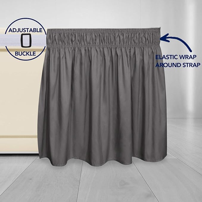 PureFit Wrap Around Ruffled Bed Skirt with Adjustable Elastic Belt - 22 Inch Drop Easy to Put On, Wrinkle Free Bedskirt Dust Ruffles, Bed Frame Cover for Queen, King and C-King Size Beds, Dark Gray