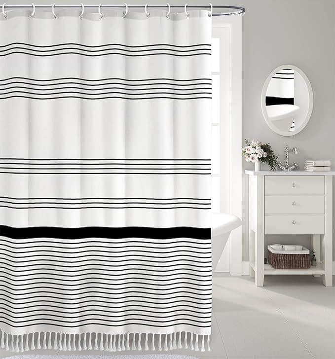 Awellife Black and White Boho Shower Curtain for Bathroom Stripe Tassel Shower Curtain Farmhouse Cotton 72" L x 60" W