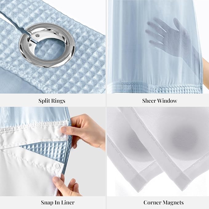 River Dream Misty Blue Fabric Shower Curtain Set, Cotton Blend, Waffle Weave, with Snap in Replacement Liner，54 x 80 inches