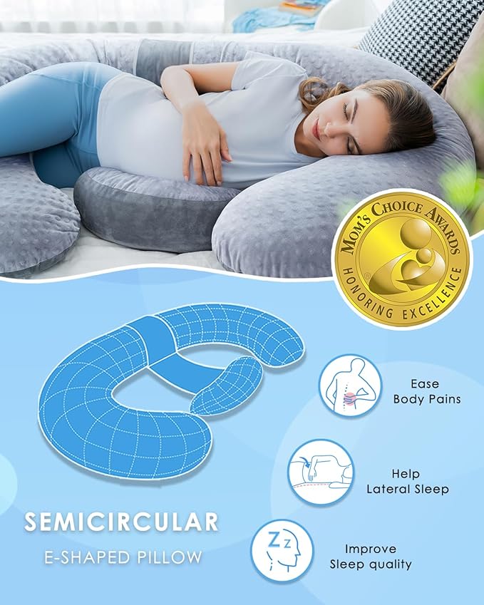 QUEEN ROSE Pregnancy Pillows, E Shaped Full Body Pillow for Sleeping, with Pregnancy Wedge Pillow for Belly Support, 60 Inch Maternity Pillow for Side Sleeper, Grey Velvet