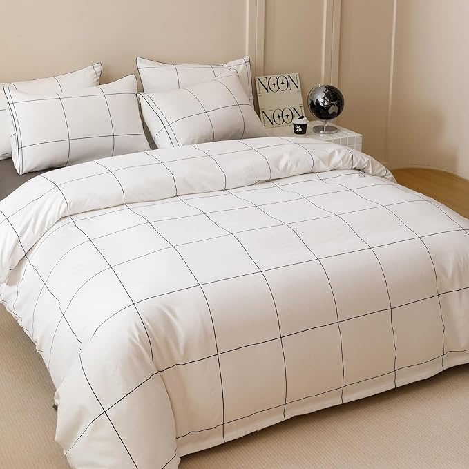 KAREVER White Grid Comforter Twin Boys Grils Black Square Lines Checkered Bedding Set Twin White Plaid Comforter Twin Size