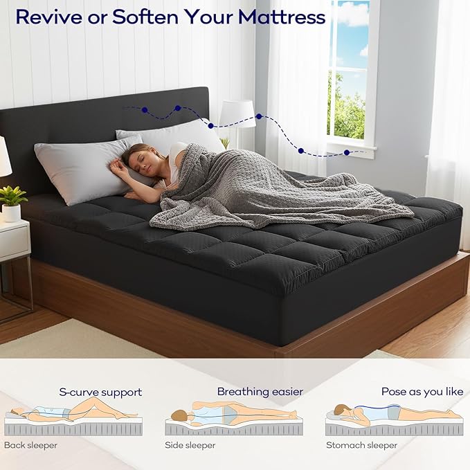 OLANLY Dual-Layer 4 Inch Twin XL Size Memory Foam Mattress Topper for College Dorm Room Essentials, 2 Inch Gel Memory Foam Topper, 2 Inch Cooling Pillow Top Mattress Pad Cover, Black