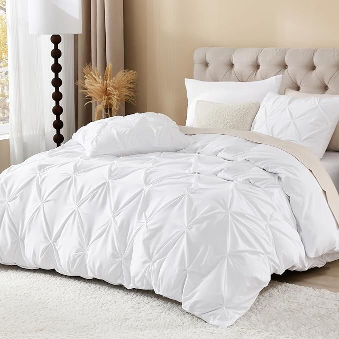 Litanika White Queen Pinch Pleat Duvet Cover, 3 Pieces Pintuck Cover Soft Microfiber Bedding Set with Zipper Closure & Corner Ties(90x90Inch-1 Duvet Cover, 2 Pillowcases)