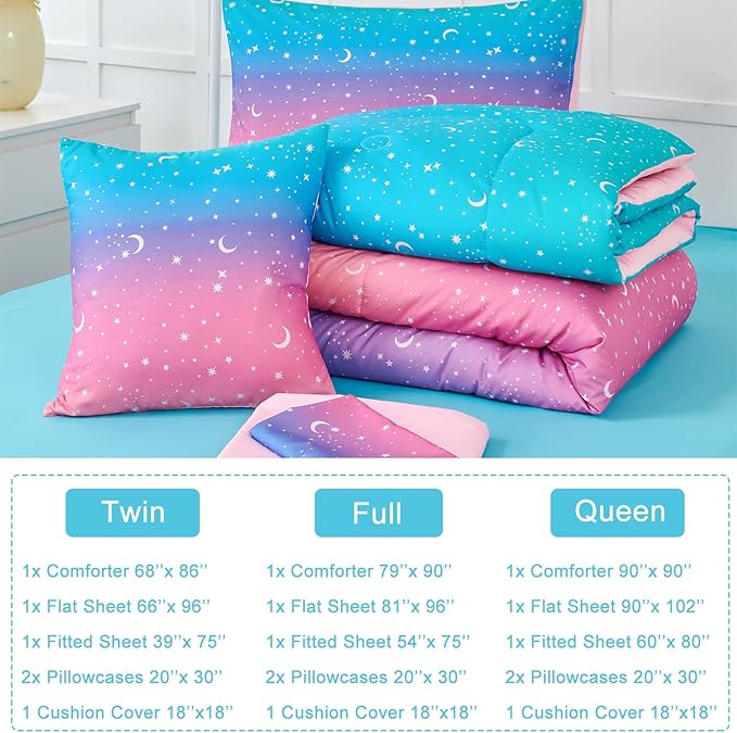 URBONUR 6 Pcs Gradient Glitter Comforter Set for Girls Full Size Colorful Rainbow Bedding Soft Lightweight Microfiber All Season Kids Bed Sets (Pink Blue)