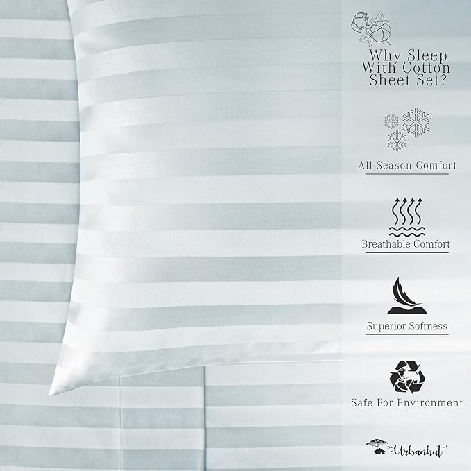 URBANHUT 1000 Thread Count Damask Striped King Sheet Set Egyptian Cotton, Long Staple Soft & Breathable, 4 Pc Bed Sheet Sets, Luxury Hotel Sateen Sheets Fits 16" Deep Pocket - Light Blue