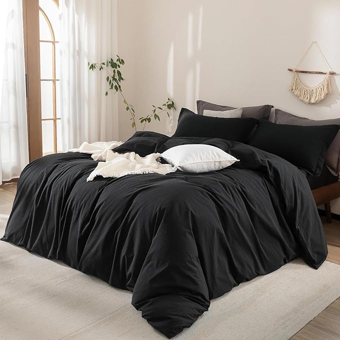 Black Duvet Cover Super King Plus Size 100% Washed Cotton Bedding Set Cover 1 Duvet Cover with Zipper Closure and 2 Pillowcases, 120inch x 120inch