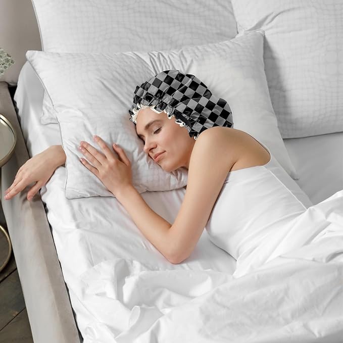 2 PCS Bonnets for Women Girls Satin Hair Bonnet Silk Adjustable Elastic Double Layer Hair Wrap Sleep Cap Comfort Cute-Purple Black Checkered
