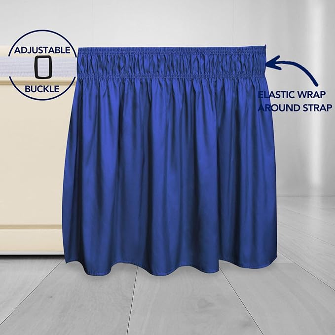 PureFit Wrap Around Ruffled Bed Skirt with Adjustable Elastic Belt - 22 Inch Drop Easy to Put On, Wrinkle Free Bedskirt Dust Ruffles, Bed Frame Cover for Queen, King and C-King Size Bed, Classic Blue