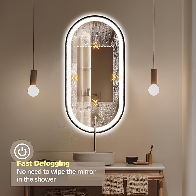 48" x 24" Oval LED Bathroom Mirror with Lights, Black Metal Framed Anti-Fog LED Vanity Mirror, Lighted Bathroom Mirrors Wall Mounted, Stepless Dimmable, Shatter-Proof, Horizontal/Vertical