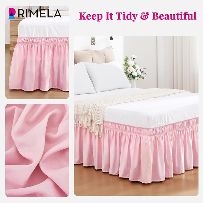 RIMELA Dusty Pink Bed Skirt King Size 15 Inch Drop, Wrap Around Elastic Bedskirt, Dust Ruffle for Adjustable Bed Base Machine Washable Easy to Install Bed Skirts
