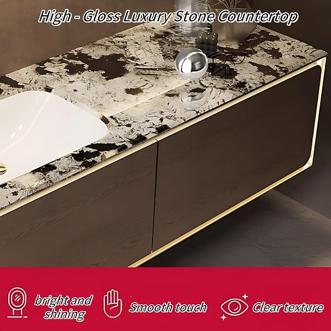 64IN Bathroom Vanity Set with a Single Sink - Embedded Sensor Light Strip & Large Capacity Floating Cabinet | Modern Bathroom Vanities with Defogging Mirror Surface & LED Lighting (Mirror Cabinet)