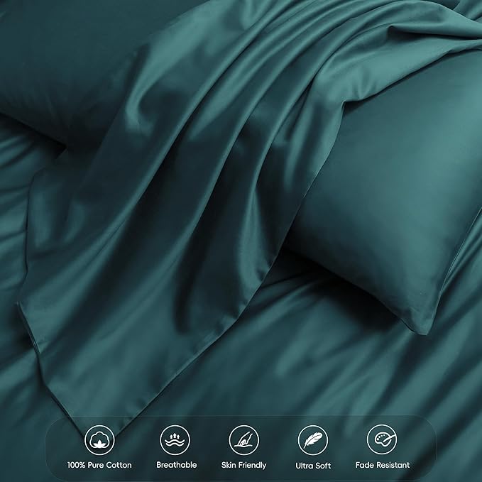 MooMee Duvet Cover Set 100% Extra Long Staple Cotton 600 Thread Count Silky Sateen Smooth Luxury Soft Breathable Durable Hotel Quality Bedding, 3 Pieces (Teal Green, Full 80"x90")
