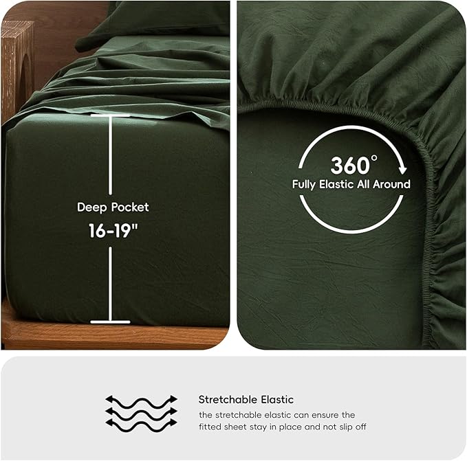 MooMee Bedding Sheet Set 100% Washed Cotton Linen Like Textured Breathable Durable Soft Comfy (Solid Forest Green, California King)