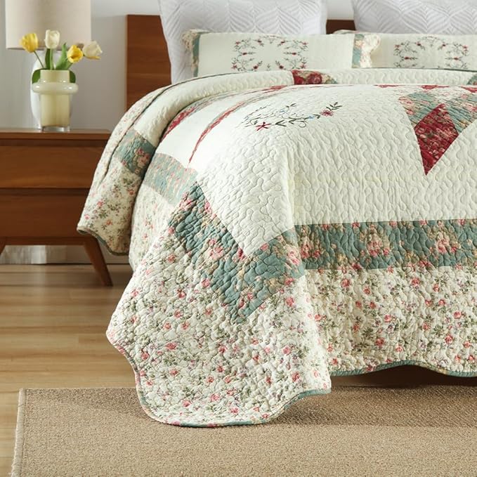 Cotton Bedspread Quilt Bedding Sets, 3 Pieces Reversible Coverlets Comforters Star with Green Floral Real Patchwork Bedspread, Queen Size