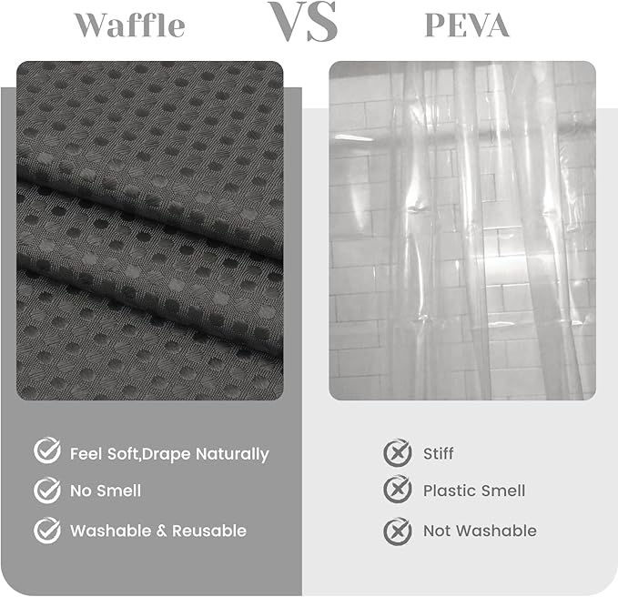 No Hook Shower Curtain with Snap in Liner Set Waffle Shower Curtain for Bathroom Hotel Style Fabric Waterproof Inner Liner，71" W x 74" H, Dark Grey