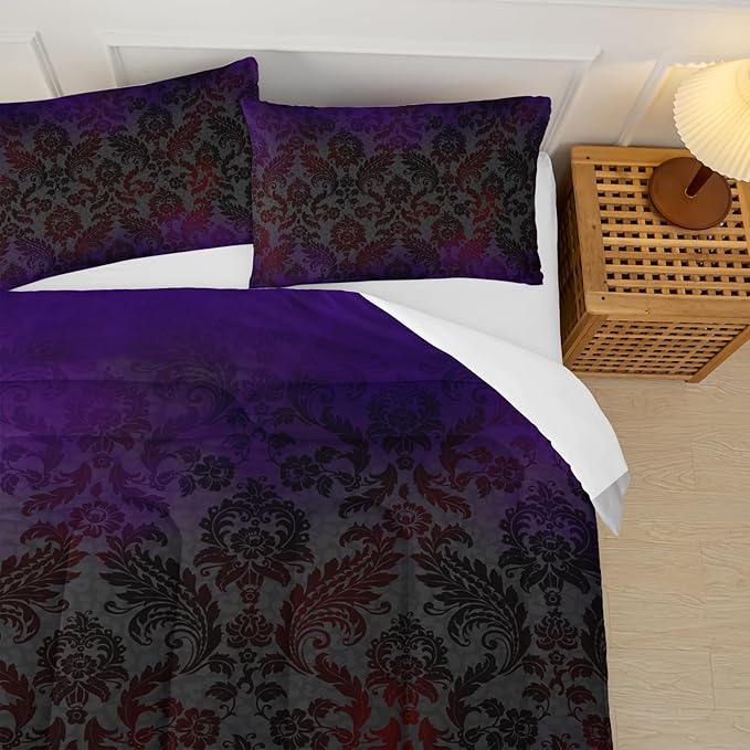 Black Purple Paisley Floral Victorian Gothic Comforter Set Full，Gothic Bedding Set Full Purple，with 1 Comforter with 2 Pillow Case，Halloween Room Decor for Bedroom