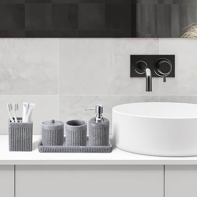 Resin Grey Bathroom Accessories Set 5 Pcs, Lotion Soap Dispenser, Toothbrush Holder, Bathroom Tumbler, Qtip Holder and Vanity Tray, Bathroom Countertop Organizer Set for Modern Home Apartment