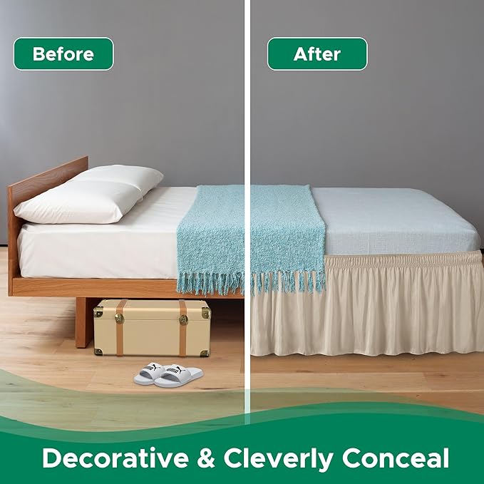 Biscaynebay Wrap Around Bed Skirts for King & Cal King Beds with Short Drop of 12", Light Camel Elastic Dust Ruffles Easy Fit Wrinkle & Fade Resistant Silky Luxurious Fabric Solid Machine Washable