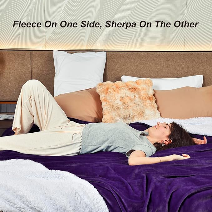 KAWAHOME Sherpa Fleece Queen Size Blanket for Bed - Extra Warm and Heavy Thick Blankets for Winter, Super Soft 500GSM Plush Blanket, 90"X 90" Purple