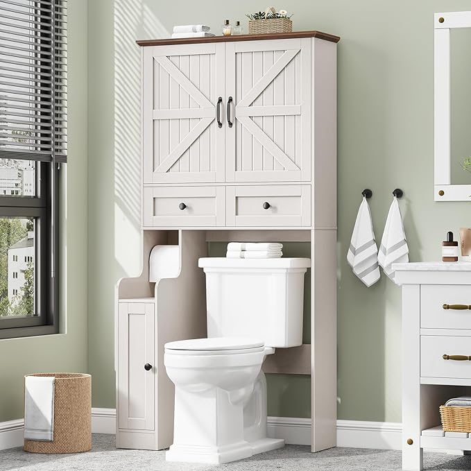Over The Toilet Storage Cabinet, Storage Cabinet Over Toilet with Double Doors & Toilet Paper Holder Stand, Freestanding Toilet Shelf Space Saver with Anti-Tip Design & Adjustable Shelf, White