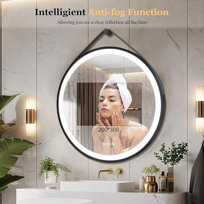 LUVODI Lighted LED Bathroom Mirror: 24” Round Wall Mounted Hanging Vanity Mirror with Front Light - Large Dimmable 3 Colors Makeup Mirror with Black Frame Sensor Touch Anti Fog for Bedroom Entryway