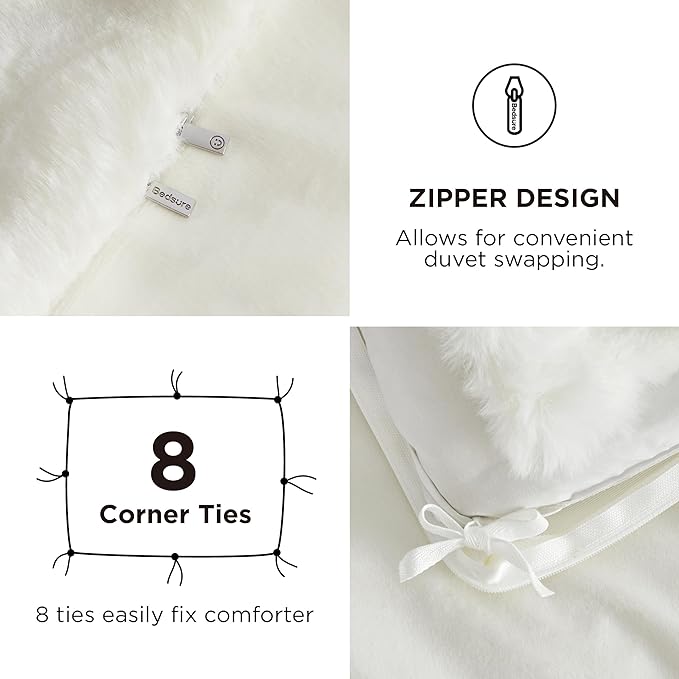 Bedsure Luxurious Faux Fur Duvet Cover King Size Set - Ultra Soft & Fluffy & Cozy & Warm - Elegant Shaggy Bubble Design Bedding with Duvet Cover and Pillow Shams, Coconut White