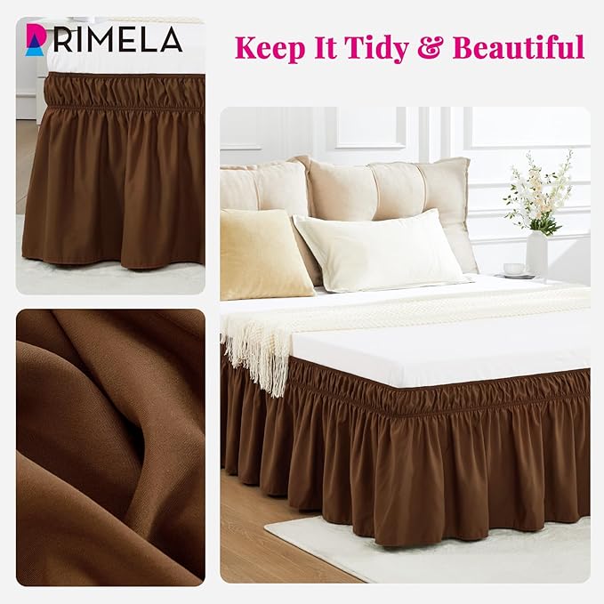 RIMELA Bed Skirt King Size 15 Inch Drop, Elastic Bed Skirting for Bed Base and Frame, Bedding Dust Ruffle Easy to Install, Wrap Around Adjustable Bedskirt, Chocolate Brown