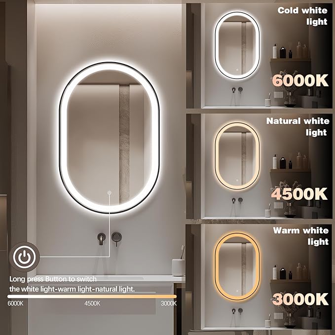 36"x24" Oval LED Bathroom Mirror with Lights, Black Anti Fog Lighted Vanity Mirror Wall Mounted, Stepless Dimmable LED Oval Mirror, Memory, ShatterProof, Front/Backlit, Horizontal/Vertical