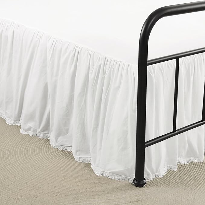 Queen Size 21" Drop - White Lightweight Cotton Bed Skirt with Crochet Edge - Dust Ruffle with Split Corner - Soft, Elegant, Breathable Bedding Accessory