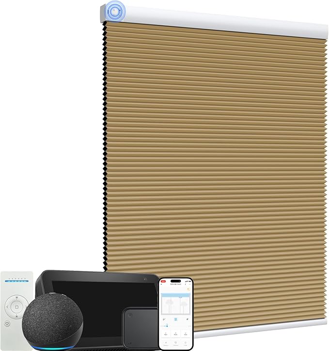 MYshade Motorized Cellular Shades - Smart Blinds Compatible with Alexa/Google Home/SmartThings, 100% Blackout Rechargeable Cordless Honeycomb Blinds, Custom-Size Auto Shades for Windows (Light Brown)
