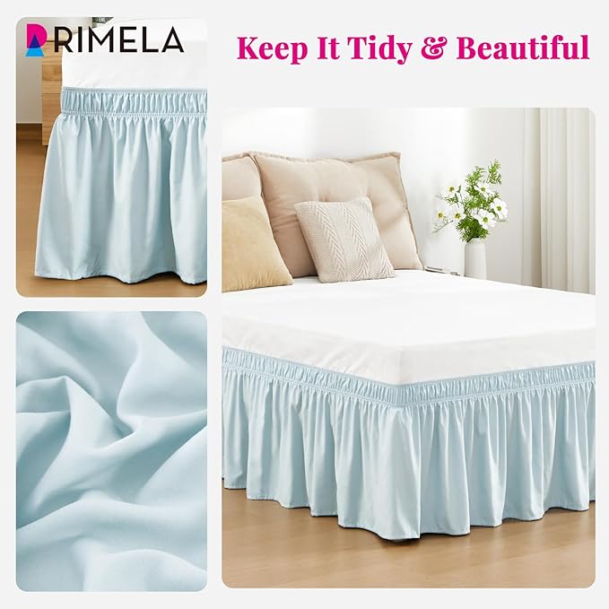 RIMELA Grayish Blue Bed Skirt King Size 15 Inch Drop, Wrap Around Elastic Bedskirt, Dust Ruffle for Adjustable Bed Base Machine Washable Easy to Install Bed Skirts