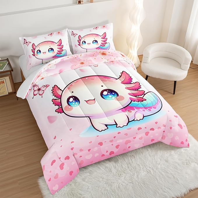 Cartoon Axolotl Comforter Kids Bedding Set,Cute Axolotl Flower Butterfly Bedding Queen Size for Toddler Girls Room Kawaii Decor,Pink Series Kids Comforter Sets with 2 Pillowcases.