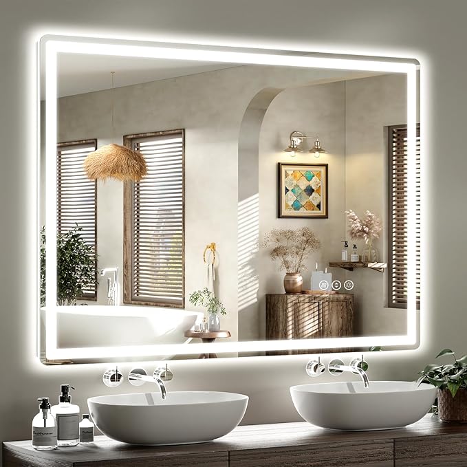 SMIROR LED Bathroom Mirror with Lights 48"x 36", Rounded Rectangle Lighted Vanity Mirror for Wall, Front Lit and Backlit, 3 Colors, Dimmable, Anti-Fog, Tempered Glass (Horizontally/Vertically)