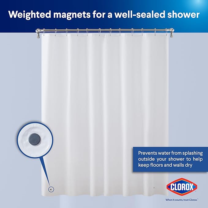 Clorox Shower Curtain Liner, Premium Lightweight Flexible Waterproof 4g PEVA for Bathroom with Weighted Magnets, Standard Size 70" x 72", White 1 Pack