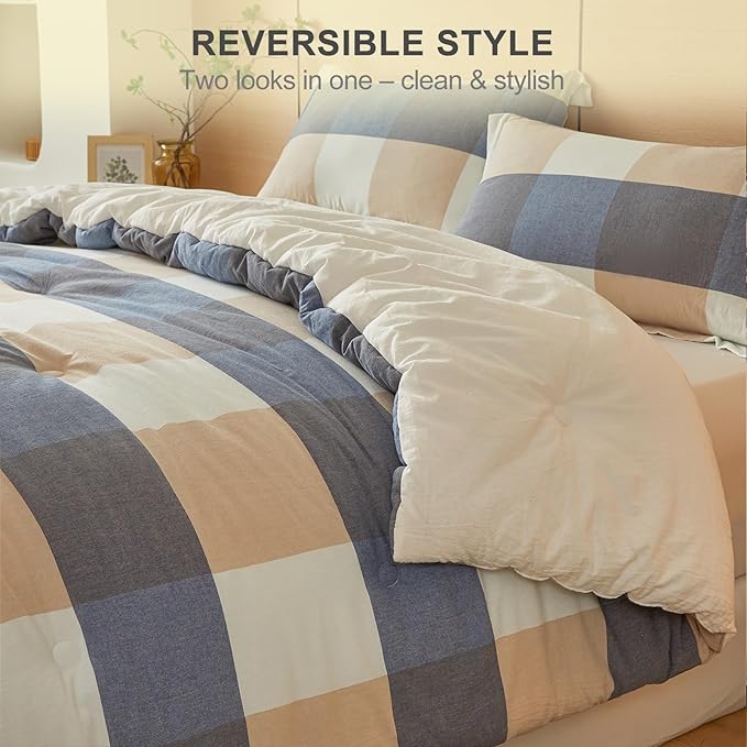 100% Cotton Comforter Set Queen Size – Reversible Yarn-Dyed Checkered Design, Soft Washed Cotton on Both Sides, Lightweight All-Season Bedding, Machine Washable(Blue White Plaid, 90”x90”)
