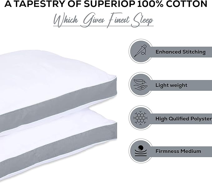 GOLD TEXTILES Pillows Queen Size Set of 2 (18x26 Inches) - Gusseted Hotel Quality Medium Firm Pillow - Plush Fiber Filling for Back & Side Sleeper, Easycare (Grey, Pack of 2)