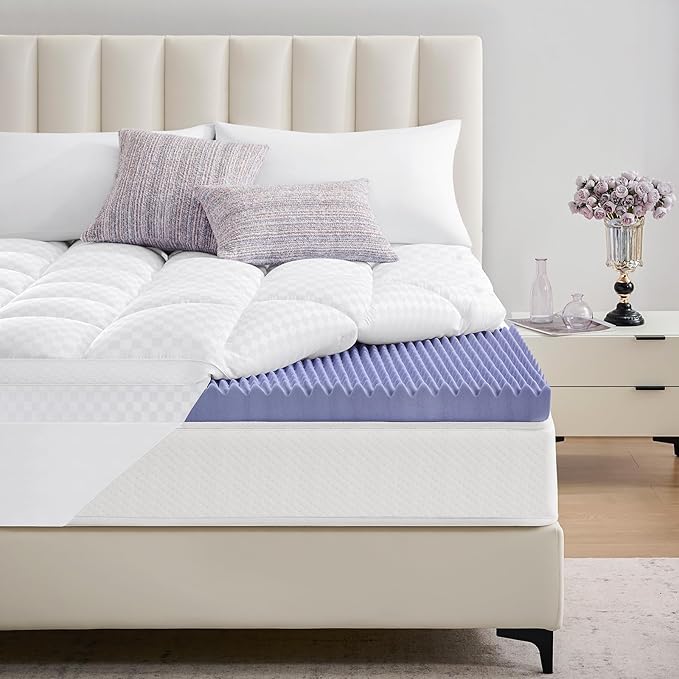 downluxe 4 Inch King Memory Foam Mattress Topper Pro Dual Layer 2 Inch Cooling Gel Egg Crate Memory Foam Plus 2 Inch Pillow Top Medium Firm with Deep Pocket