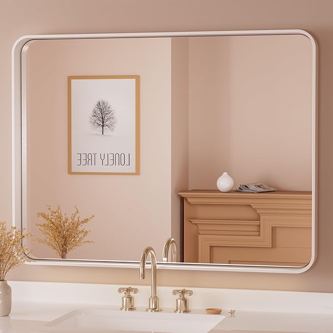 TETOTE 40 x 30 White Frame Mirror for Bathroom Metal Frame Wall Mounted Rectangle Mirror for Vanity with Sandy Textured Surface(Horizontal/Vertical)