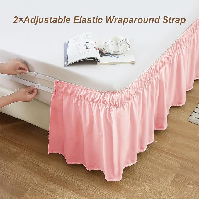 MEILA Wrap Around Bed Skirt Three Fabric Sides Elastic Dust Ruffled 16 Inch Tailored Drop,Easy to Install Fade Resistant-Pink, Queen/King