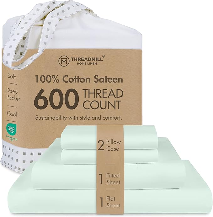 Threadmill California King Sheet Sets | 600 Thread Count Cal King Bed Sheets Set with 16” Deep Pocket | Sateen Weave 4-Piece Bedding Set with Cooling Effect | Seaglass