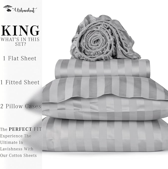 URBANHUT 1000 Thread Count Egyptian Cotton Sheets Striped King Size, Breathable Long Staple, 4 Pc Bed Sheet Sets, Luxury Hotel Sateen Sheets Fits 16" Deep Pocket - Silver Grey