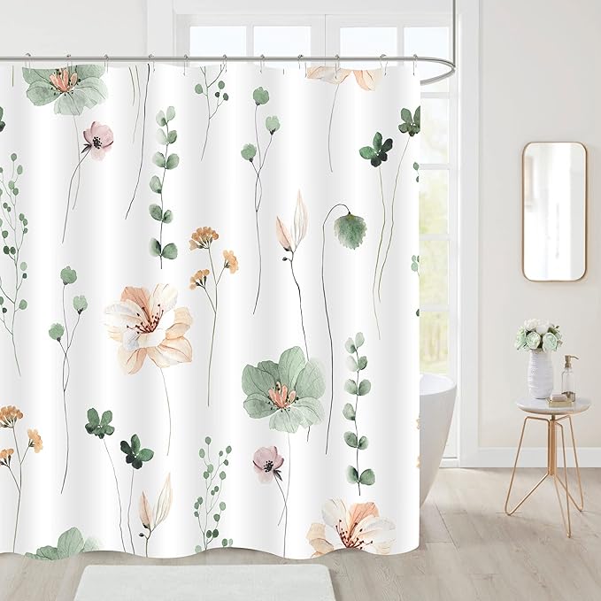 Gibelle Watercolor Floral Shower Curtain, Sage Green Beige Flower Shower Curtain for Bathroom, Modern Minimalist White Waterproof Fabric Shower Curtain Set with Hooks 72x72 Inch