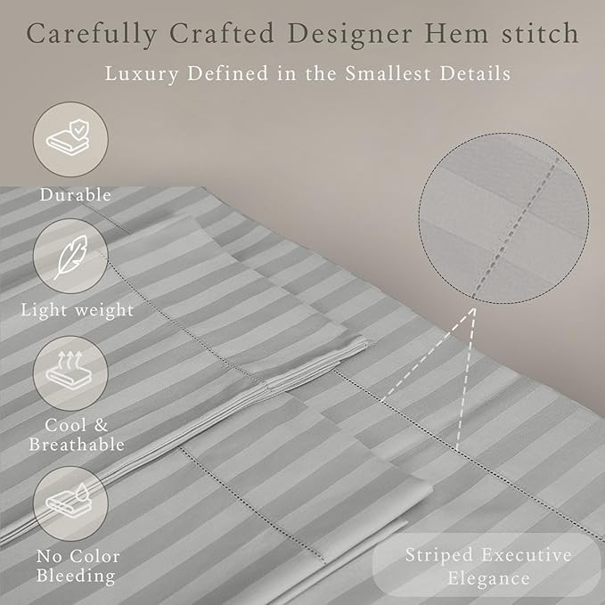 Threadmill 500 Thread Count Queen Size Damask Stripe, 4 Pc Luxury Cotton Bedding Set, Breathable Light Grey Sheets with 16" Elasticized Deep Pocket, 2 Pillowcases & Free Tote Bag