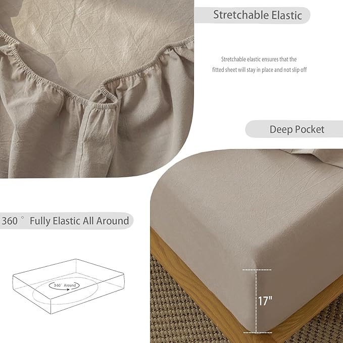MooMee Bedding Sheet Set 100% Washed Cotton Linen Like Textured Breathable Durable Soft Comfy (Solid Mocha Brown, Twin XL)